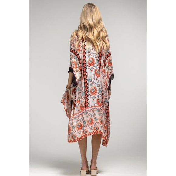 Peach Diamond Printed Cream Floral Kimono Wrap Coverup Top Women's Summer - Picture 3 of 4